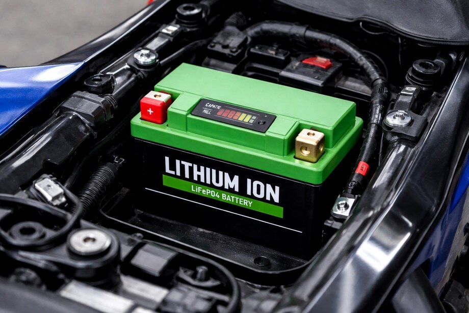 Batterie lithium dans compartiment moto