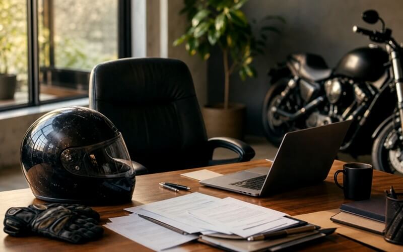 Casque moto avec documents sur un bureau