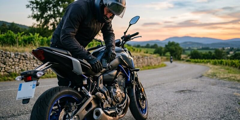 Motard qui inspecte sa moto