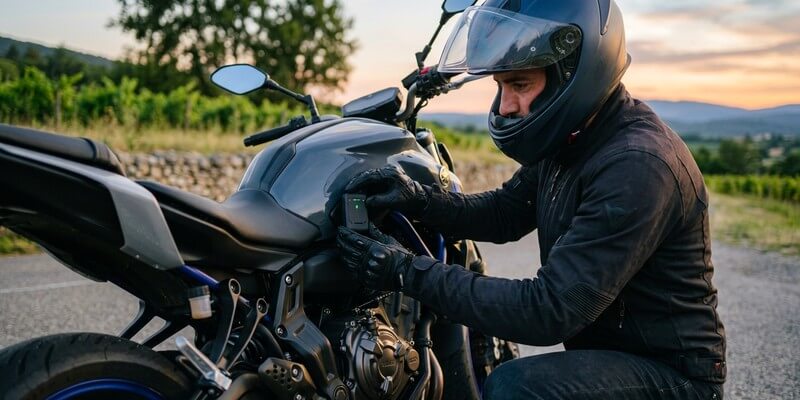 Motard qui installe un traceur gps sur sa moto